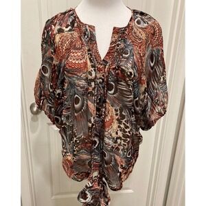 JEANS by Buffalo Peacock Feather Print Blouse‎ Top Tie Front Sheer Wiz Large